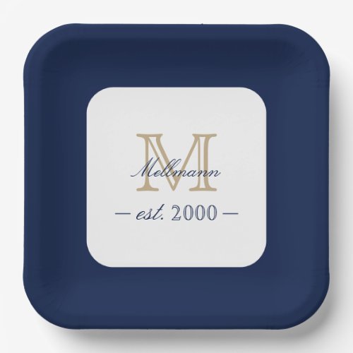 Minimal Elegant Gold Monogram Family Year Est. Paper Plates