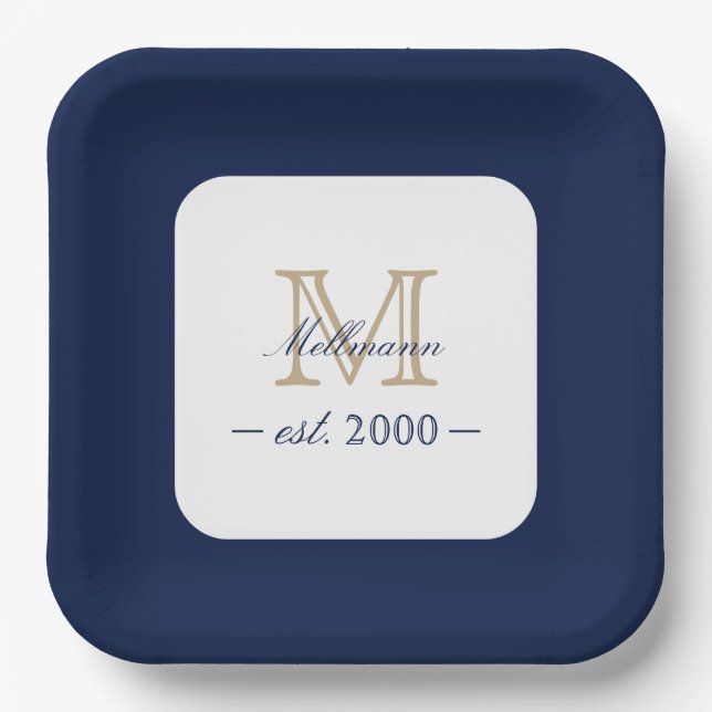 Minimal Elegant Gold Monogram Family Year Est. Paper Plates (Front)