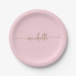 Minimal Elegant Gold Monogram Script Blush Pink  Paper Plates