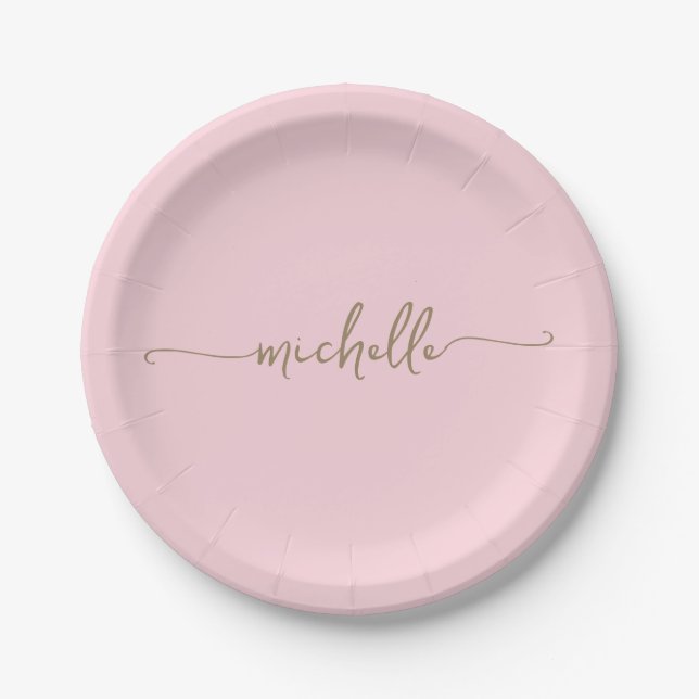 Minimal Elegant Gold Monogram Script Blush Pink  Paper Plates (Front)