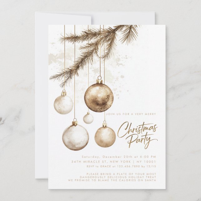 Minimal Elegant Gold Ornaments Baubles Christmas Invitation (Front)
