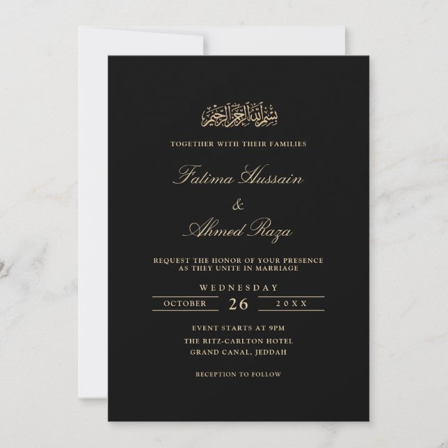 Minimal Elegant Gold Script Black Muslim Wedding Invitation (Front)