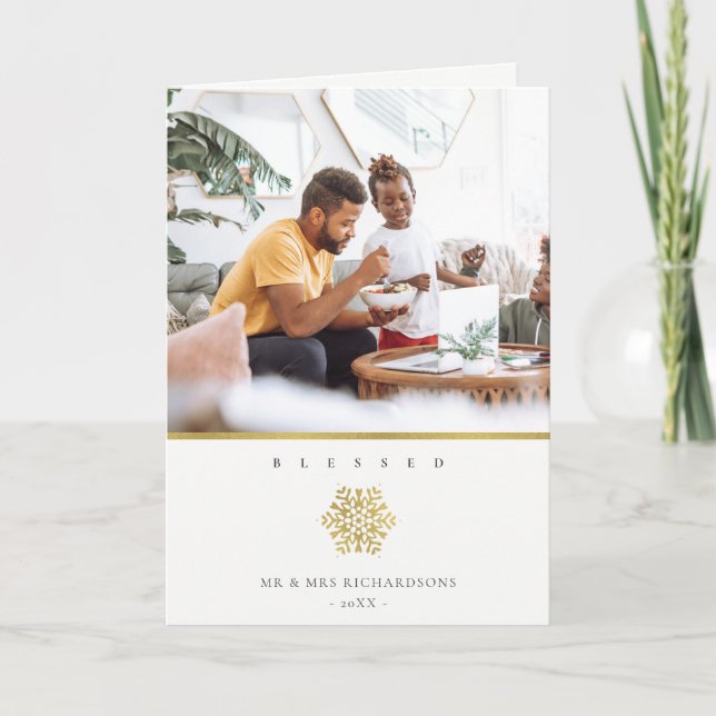 Minimal Elegant Gold Snowflake Photo Blessed Card (Front)
