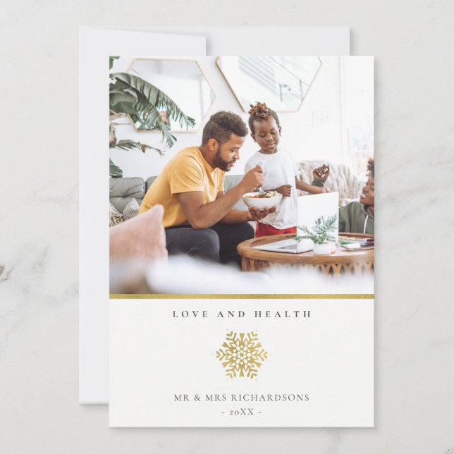 Minimal Elegant Gold Snowflake Photo Love & Health Holiday Card (Front)