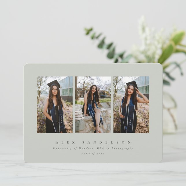 Minimal Elegant Gray-Green Triple Photo Graduation Announcement (Standing Front)