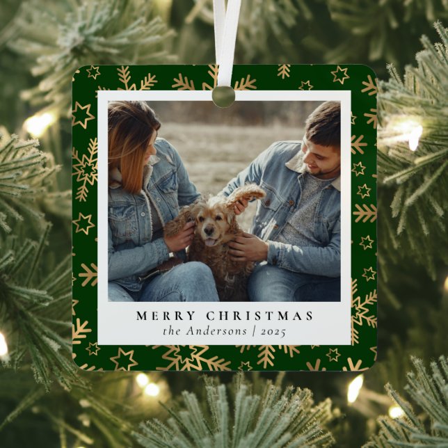 Minimal Elegant Green Gold Christmas Couple Photo Metal Ornament (Insitu)