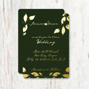 Minimal Elegant Green Gold Leaves Foil Invitation