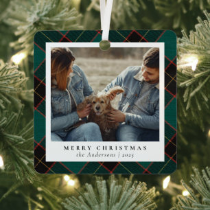 Minimal Elegant Green Plaid Christmas Couple Photo Metal Ornament