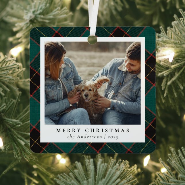 Minimal Elegant Green Plaid Christmas Couple Photo Metal Ornament (Insitu)