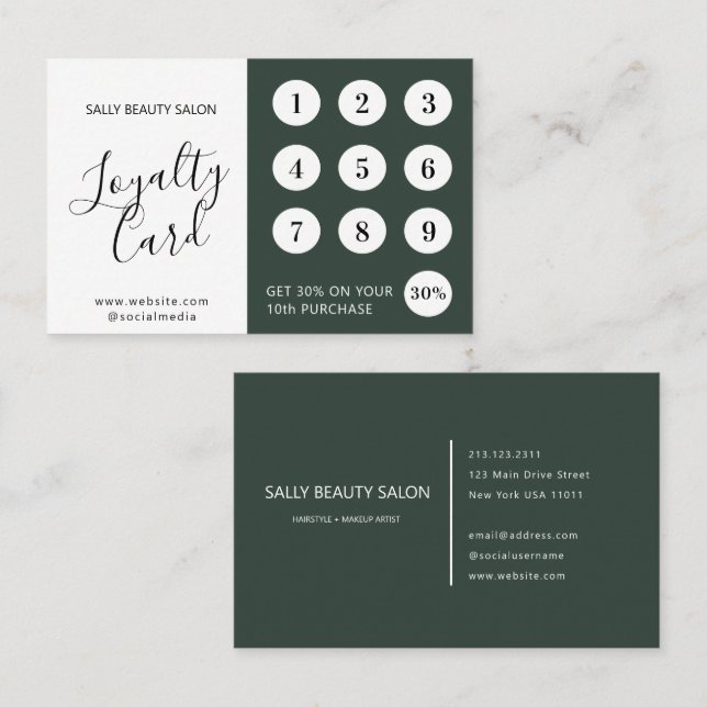 Minimal Elegant Green White Script Loyalty Card (Front/Back)