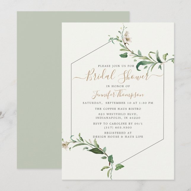 Minimal Elegant Greenery Floral Bridal Shower Invitation (Front/Back)