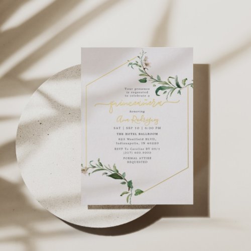 Minimal Elegant Greenery Floral Quinceaera Gold Foil Invitation