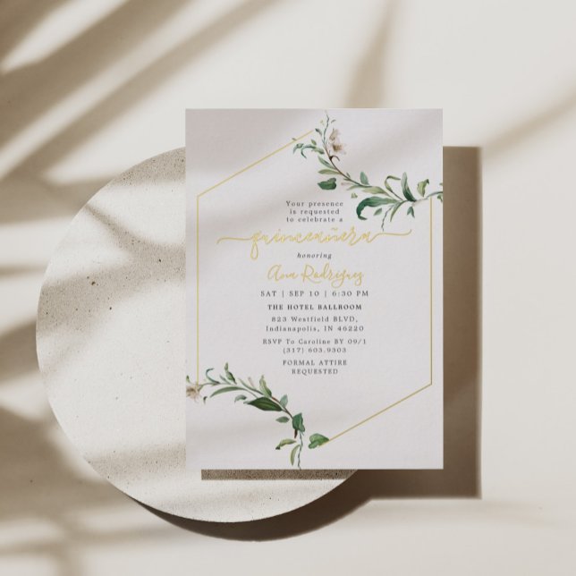 Minimal Elegant Greenery Floral Quinceañera Gold Foil Invitation (Creator Uploaded)