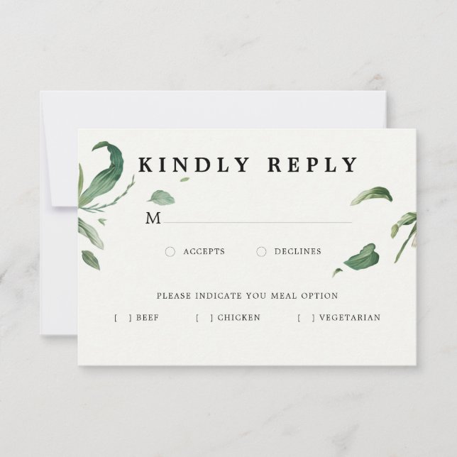 Minimal Elegant Greenery RSVP with Meal Option Card (Front)