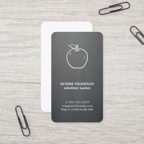 Minimal Elegant Grey White Apple Teacher  Business Card