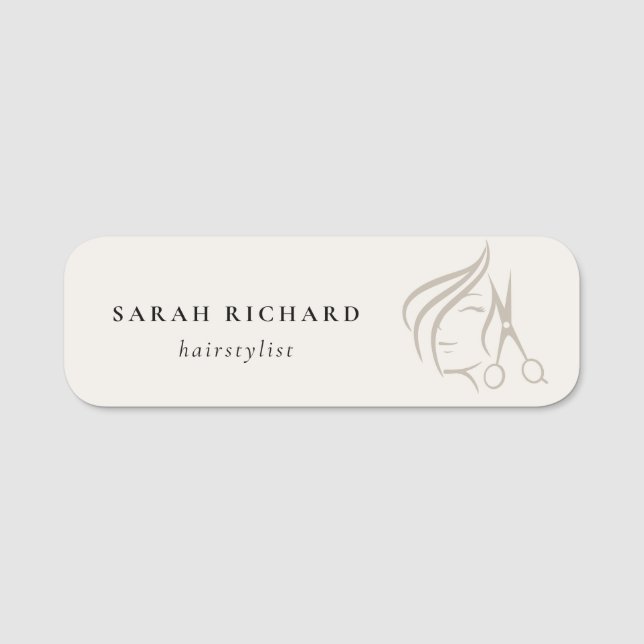 Minimal Elegant Hairstylist Ivory Hair Scissor  Name Tag (Front)