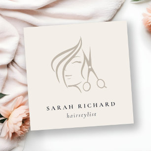 Minimal Elegant Hairstylist Ivory Hair Scissor Square Business Card