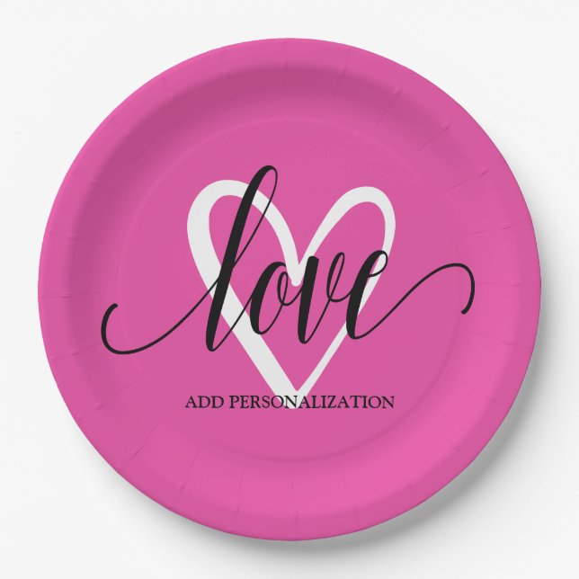 Minimal Elegant Heart on Hot Pink Paper Plates (Front)