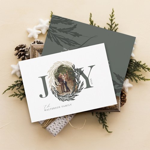 Minimal Elegant Joy Winter Garland Photo Wreath Holiday Card