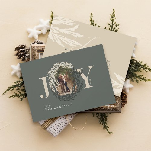 Minimal Elegant Joy Winter Garland Photo Wreath Holiday Card