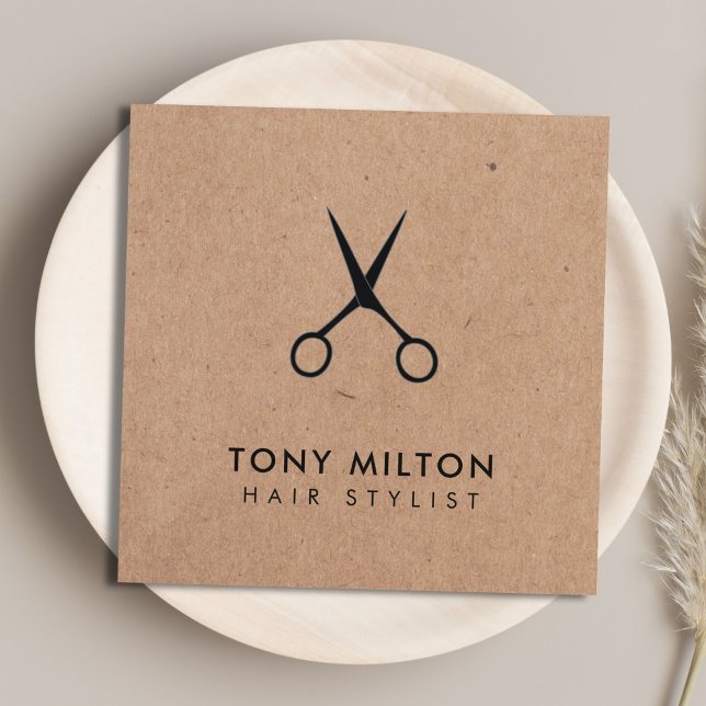 Minimal Elegant Kraft Black Scissors Hairstylist Square Business Card (Creator Uploaded)