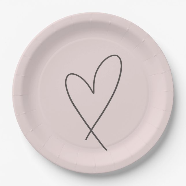 Minimal Elegant Line Art Heart Wedding Blush Pink Paper Plates (Front)