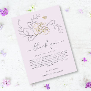 Minimal Elegant Line Floral Lilac Gold Wedding Thank You Card