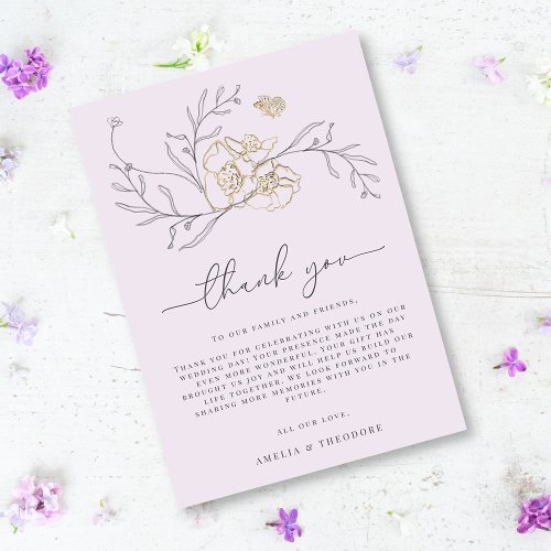 Minimal Elegant Line Floral Lilac Gold Wedding Thank You Card