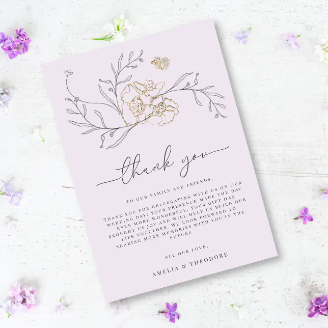 Minimal Elegant Line Floral Lilac Gold Wedding Thank You Card | Zazzle