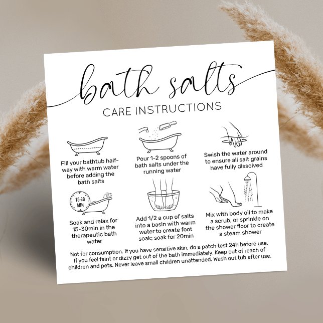 Minimal Elegant Logo Bath Salts Care Instructions Square Business Card (Bath salts care instructions cards with icons and safety information on how to use bath soak)