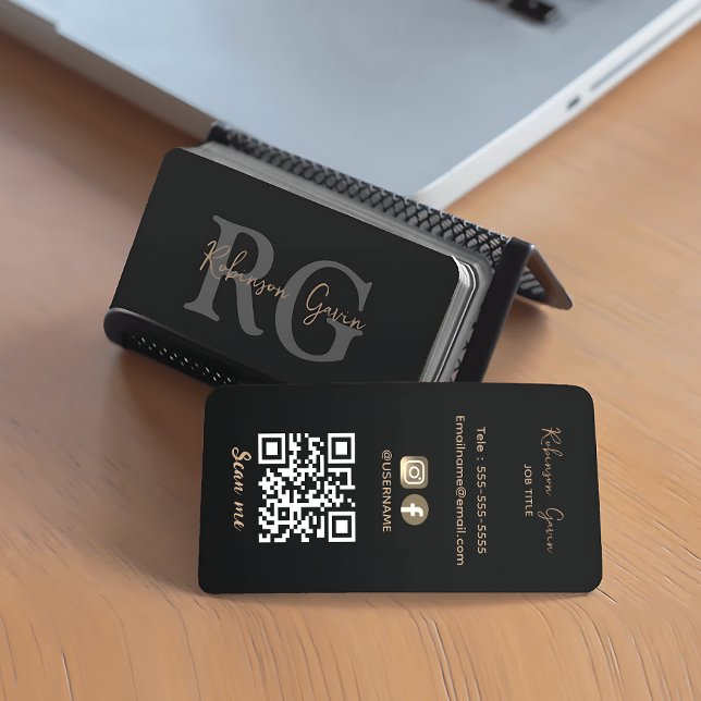 Minimal Elegant Monogram Black QR Code  Business Card (Minimal Elegant Monogram Black QR Code Business Card)