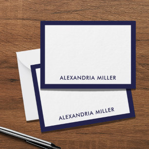 Minimal Elegant Monogram Name White Navy Note Card