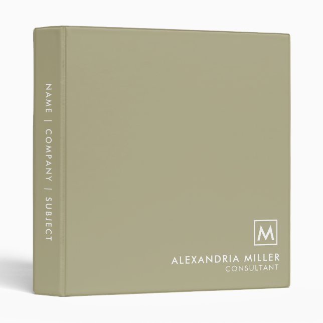 Minimal Elegant Monogram Sage Green 3 Ring Binder (Front/Spine)