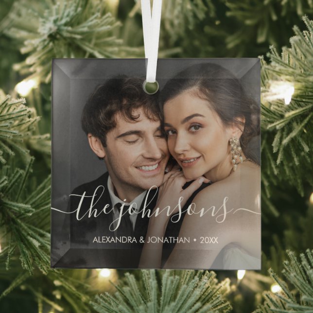 Minimal elegant name script Couple Photo Christmas Glass Ornament (Insitu)