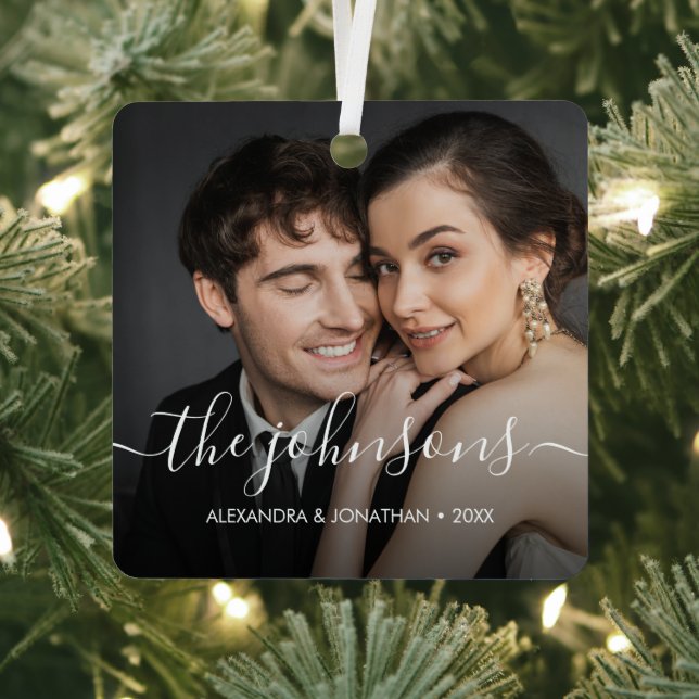 Minimal elegant name script Couple Photo Christmas Metal Ornament (Insitu)