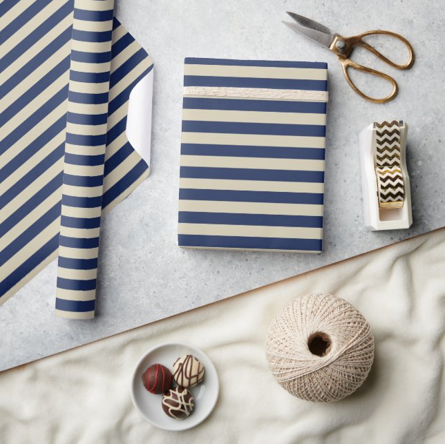 Minimal Elegant Navy Beige Stripes Wrapping Paper (Crafts)