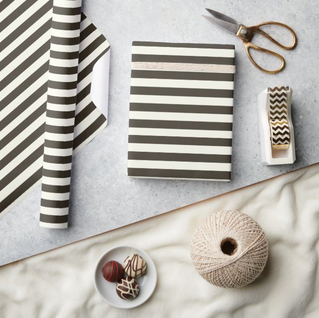 Minimal Elegant Navy Brown Cream Stripes Wrapping Paper (Crafts)