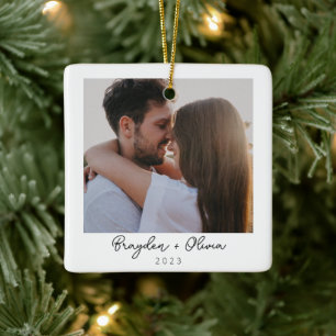 Minimal Elegant Newlywed Photo Christmas Ceramic Ornament