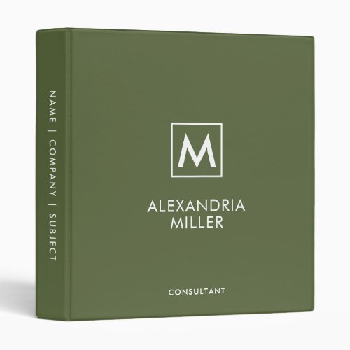 Minimal Elegant Olive Green Monogram 3 Ring Binder