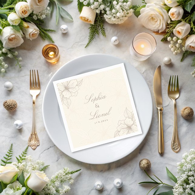 Minimal Elegant Outline Floral Off White Wedding Napkins (Creator Uploaded)
