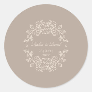 Minimal Elegant Outline Floral Wedding Classic Round Sticker