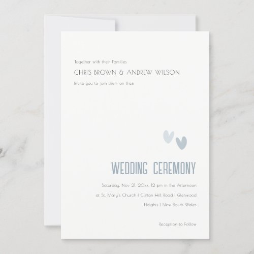 Minimal Elegant Pastel Dusky Blue Hearts Wedding Invitation