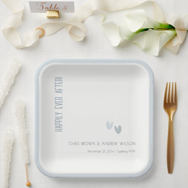 Minimal Elegant Pastel Dusky Blue Hearts Wedding Paper Plates (Wedding)