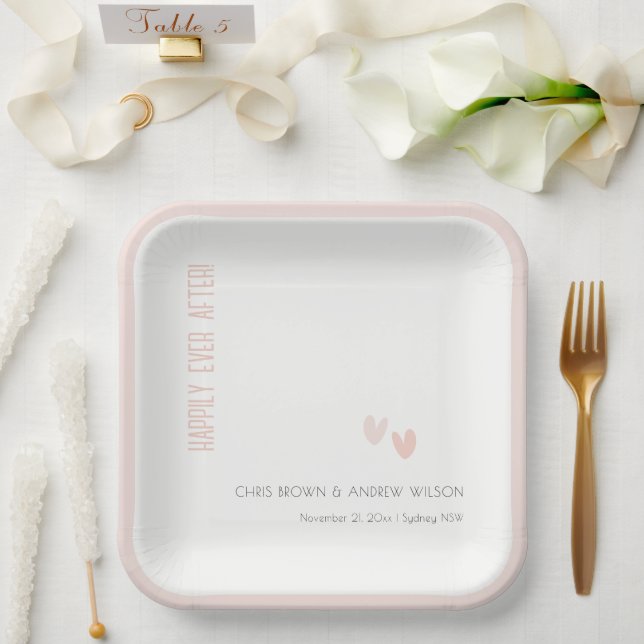 Minimal Elegant Pastel Dusky Pink Hearts Wedding Paper Plates (Wedding)