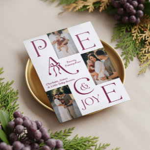 Minimal Elegant Peace & Joy Bow 3 Photo Christmas Letterpress Photo Cards