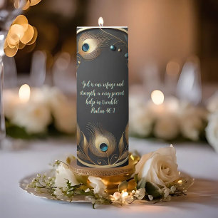 Minimal Elegant Peacock Feathers Customizable Pillar Candle