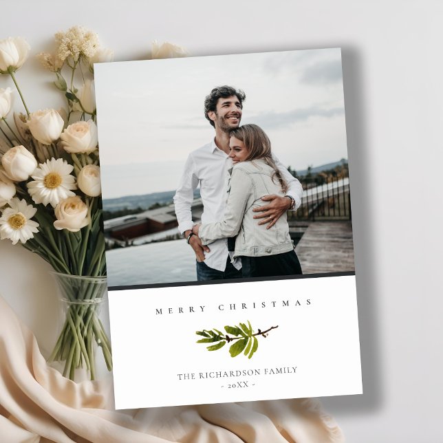 Minimal Elegant Pine Branch Merry Christmas Photo Holiday Card (Creator Uploaded)
