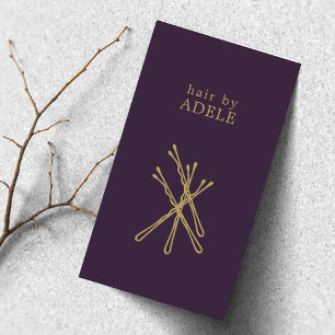 Minimal Elegant Purple Golden Pins Hair Stylist Business Card