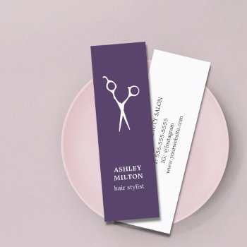 Minimal Elegant Purple White Scissors Hairstylist Mini Business Card by pro_business_card at Zazzle
