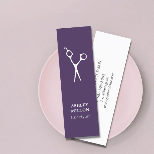 Minimal Elegant Purple White Scissors Hairstylist Mini Business Card